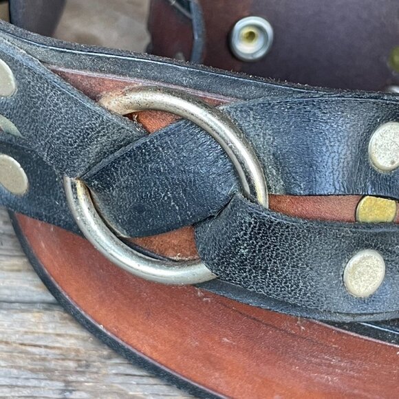Vintage Biker Motorcycle Belt Leather Strap Black /  Brown with Rings & Rivets - Picture 5 of 14